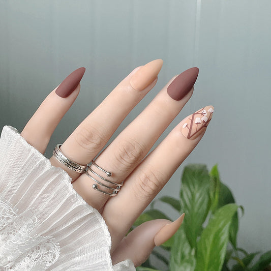 Elegant Floral Charm Short Almond Matte Beige & Maroon Press On Nail Set with Accent Art Design