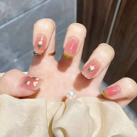 Autumn Elegance Medium-Length Squoval-Shaped Pink Press On Nail Set with Fall Foliage Accents