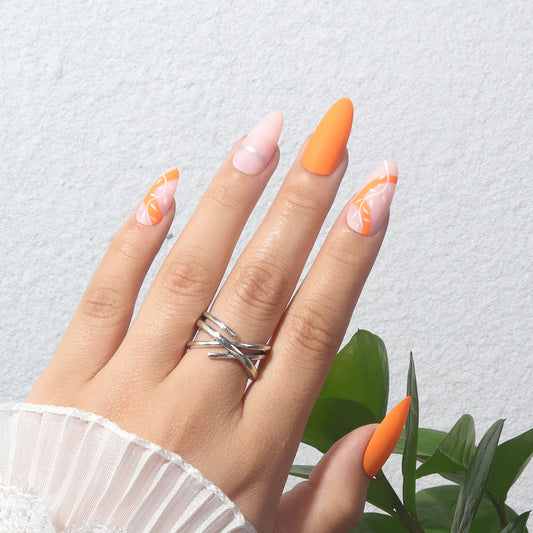 Tropical Sunrise Long Almond Pink and Orange Ombre Press On Nails with Leaf Pattern Accents