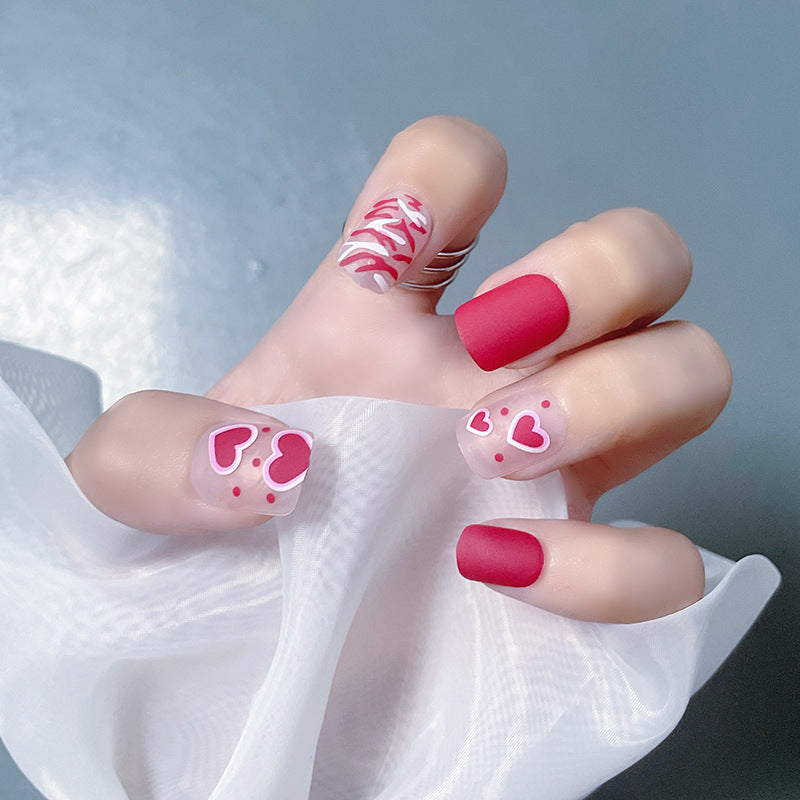 Valentine's Romance Short Squoval Matte Pink Press On Nail Set with Heart Accents