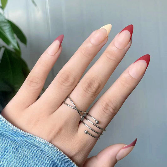 Elegant Ombre Almond Short Press On Nail Set, Burgundy to Beige Gradient, Fashionable False Nail Tips