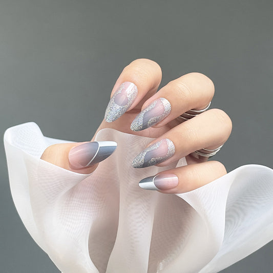 Celestial Elegance Medium Almond Gradient Silver Glitter Press On Nail Set