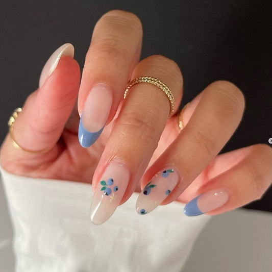 Elegant Floral Elegance Long Almond Ombre Blue Press On Nail Set with Delicate Flower Accents