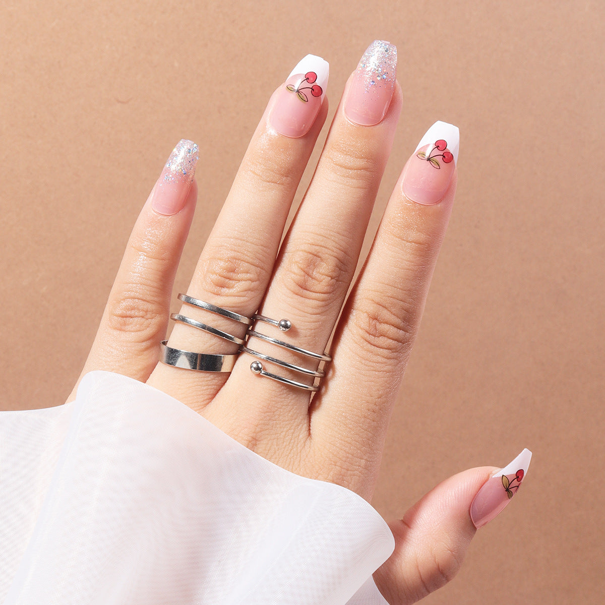 Cherry Blossom Festival Medium Coffin Pink Glitter Press-on Nails with Delicate Bow Detail