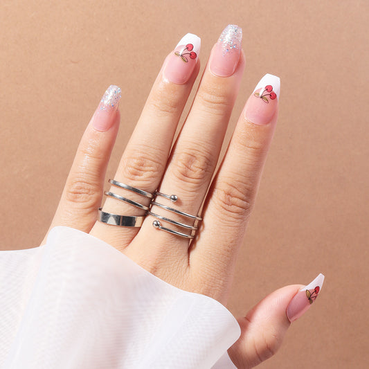 Cherry Blossom Festival Medium Coffin Pink Glitter Press-on Nails with Delicate Bow Detail