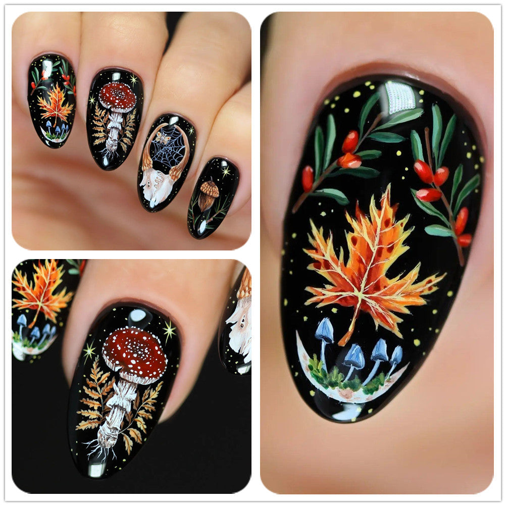 Enchanted Forest Medium Oval Black Press On Nail Set with Hand-Painted Nature Accents