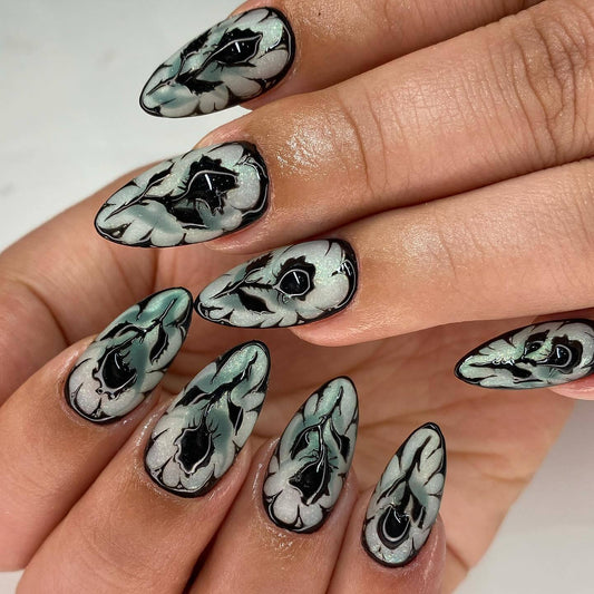 Mystical Smoke Swirls Medium Almond Black and Grey Press On Nail Set with 3D Effect Design