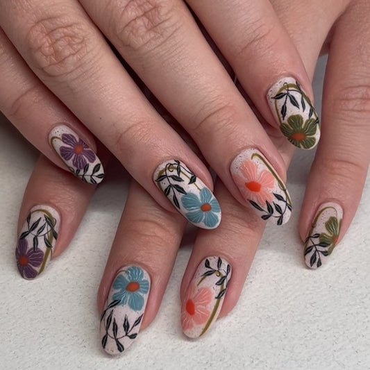 Botanical Bliss Medium Oval Multicolor Floral Press On Nail Set with Hand-Painted Design