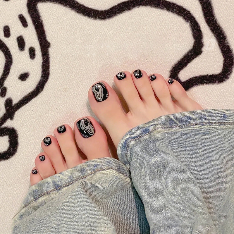 Whimsical Marble Elegance Short Square Black Press On Toenail Set with Swirl Accents