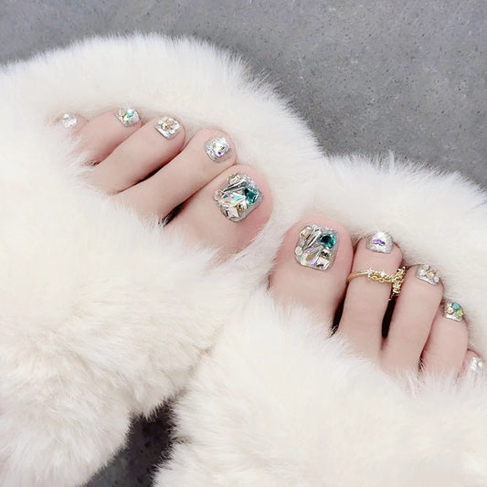 Winter Elegance Short Square Iridescent Glitter Press on Toenail Set with Rhinestone Accents