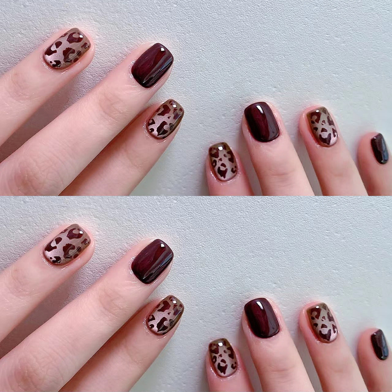 A set of brown false nails with leopard print accents, designed to be worn on short nails.