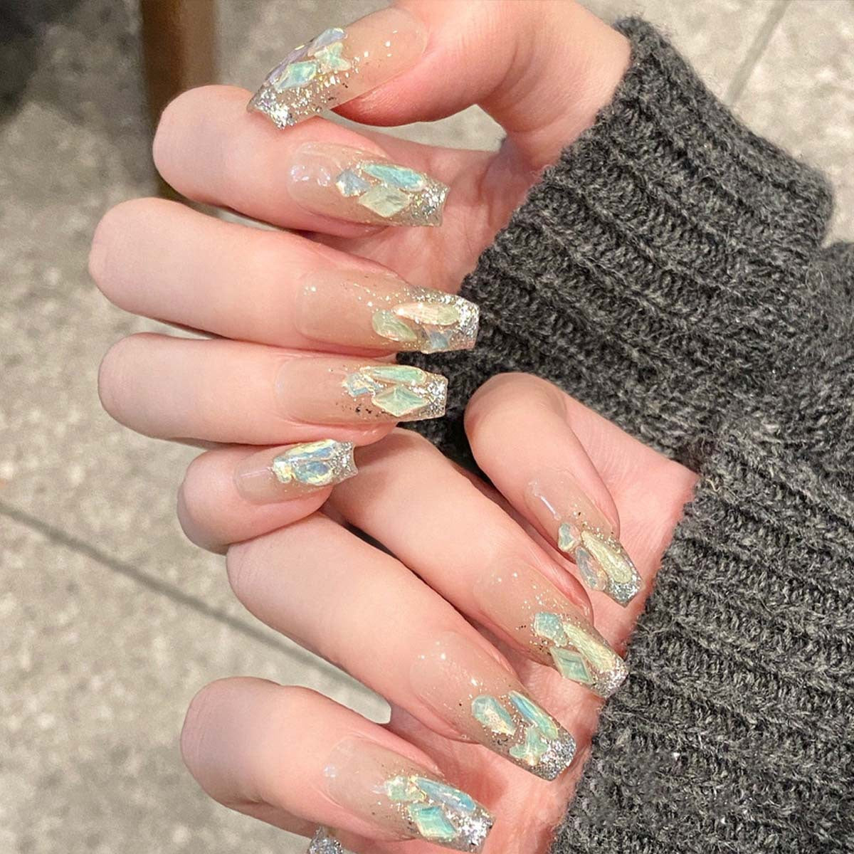 Enchanted Iridescent Long Coffin Glitter Sparkle Press On Nail Set with Foil Accents