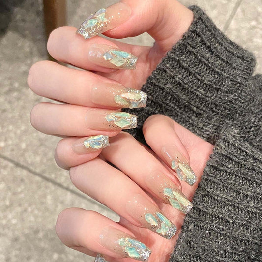 Enchanted Iridescent Long Coffin Glitter Sparkle Press On Nail Set with Foil Accents