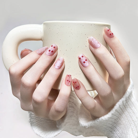 Cozy Cafe Medium Square Blush Pink Press On Nails with Playful Red Heart and Dot Design