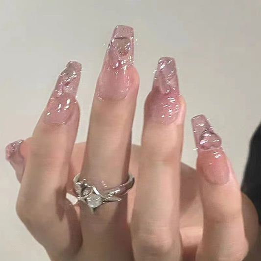 Enchanted Sparkle Extra Long Coffin Pink Glitter Press On Nail Set