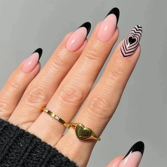 Elegant Romance Long Oval Pink & Black Press On Nails with Heart Design Accents