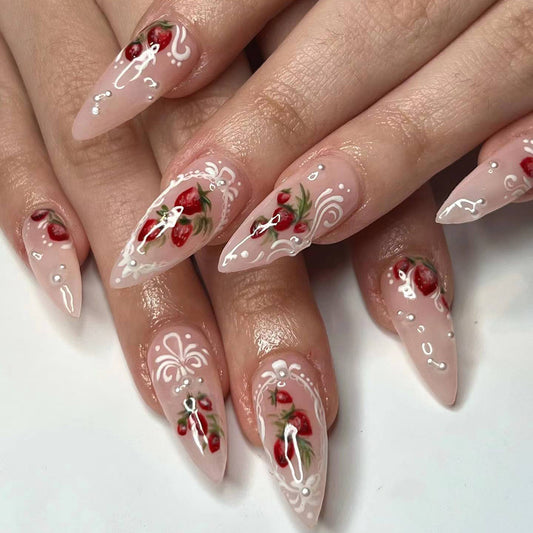 Enchanted Garden Long Almond Beige Press-On Nail Set with Floral Embellishments and Pearlescent Accents