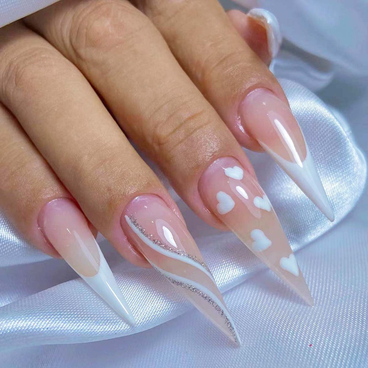 Elegant Romance Extra Long Stiletto Pink and White Ombr≈Ω Press On Nails with Glitter Accent and Heart Design