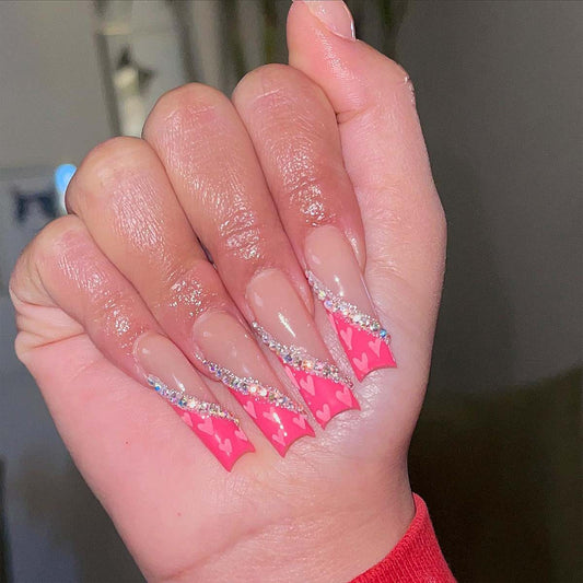 Valentine's Romance Long Square Pink Press On Nails with Glitter Accents and Heart Design