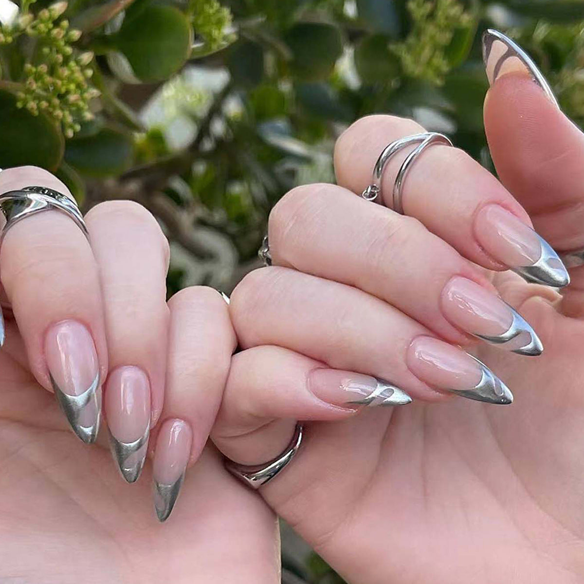 Enchanted Garden Long Almond Beige Press On Nail Set with Silver Accents