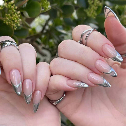Enchanted Garden Long Almond Beige Press On Nail Set with Silver Accents