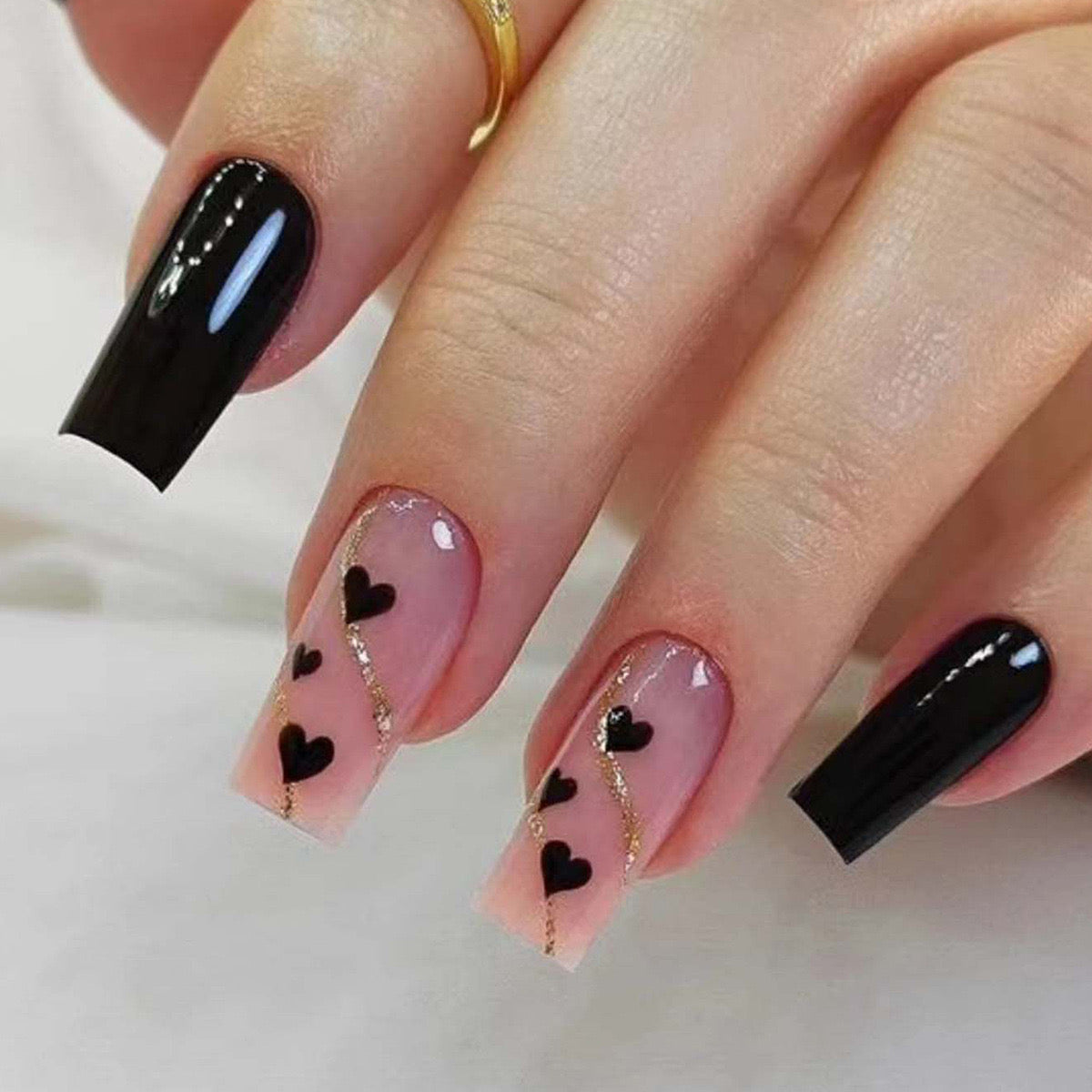 Romantic Glamour Medium Square Black and Beige Press On Nail Set with Heart Accents and Gold Glitter Detail