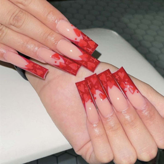 Valentines Love Extra Long Square Red Heart Glitter Press On Nail Set
