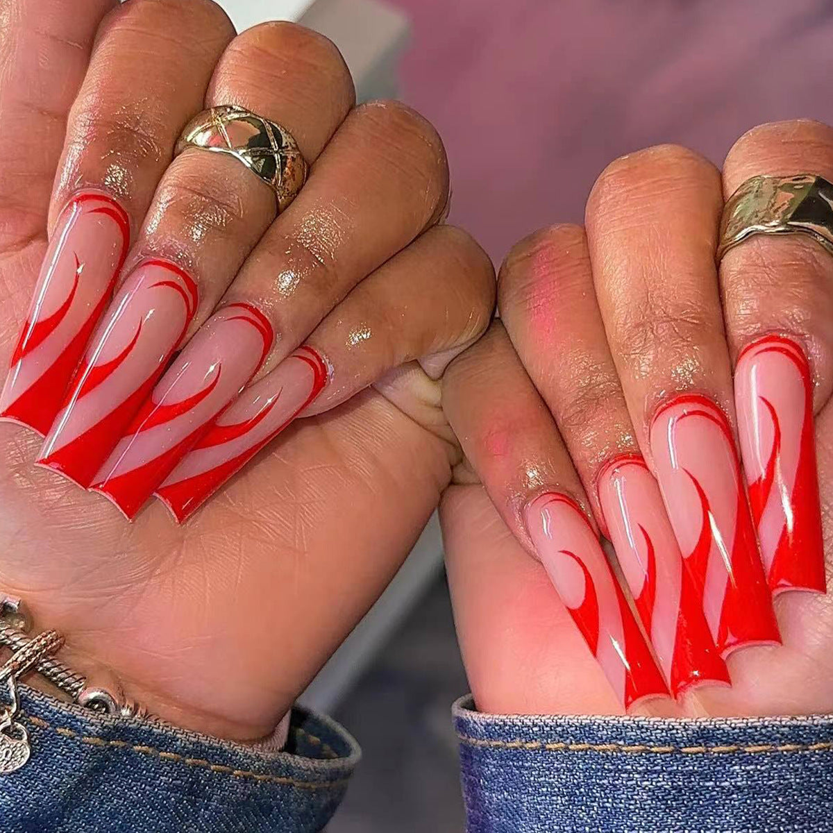 Valentine's Day Long Square Red Press On Nails with White Swirl Accent Design