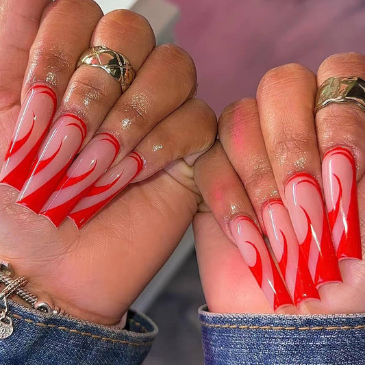 Valentine's Day Long Square Red Press On Nails with White Swirl Accent Design