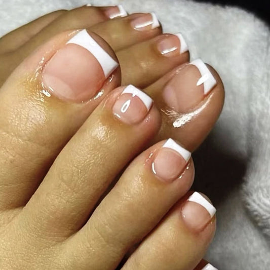 Elegant French Manicure Short Square White Tips Press On Toenail Set with Ultra Gloss Finish