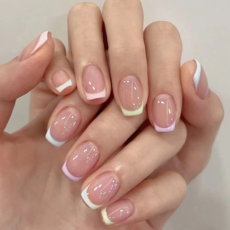 Elegant French Manicure Short Square Beige Press On Nails with White Tips and Accent Glitter Detail