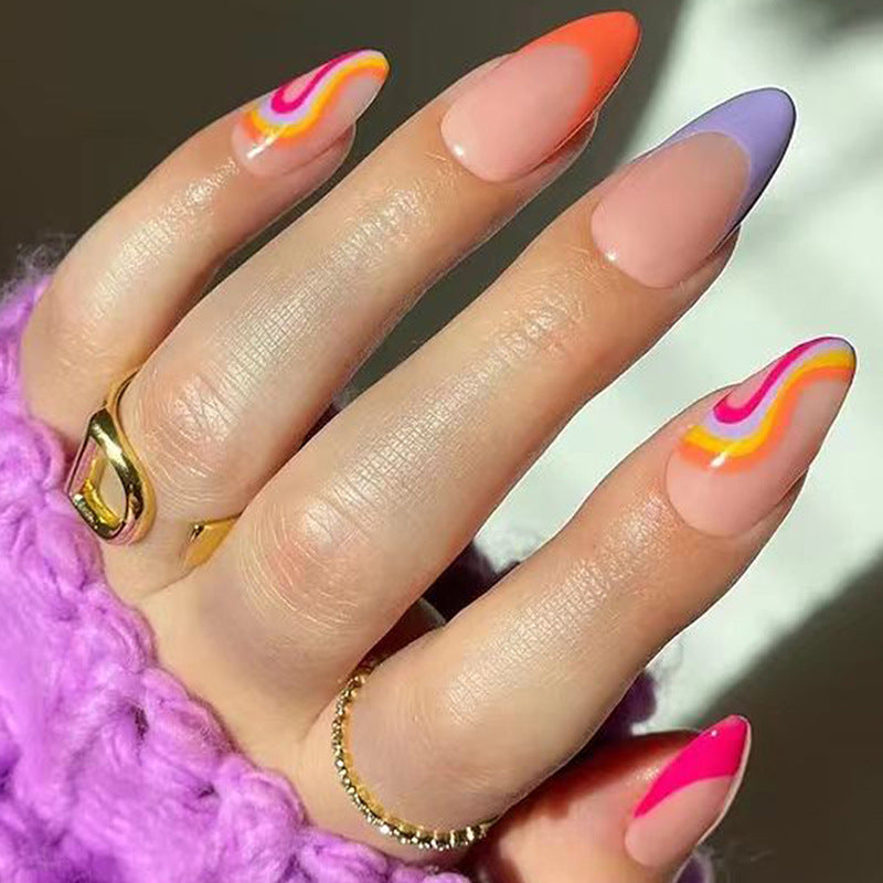 Summer Festival Long Almond Multicolor Press On Nail Set with Swirl Accents