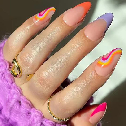 Summer Festival Long Almond Multicolor Press On Nail Set with Swirl Accents