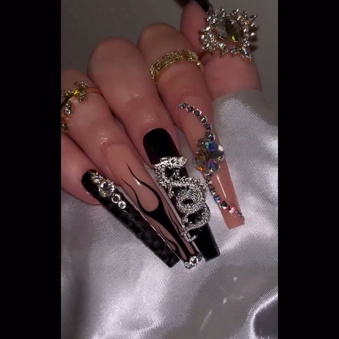 Living Outside Long Square Black Studded Press On Nails