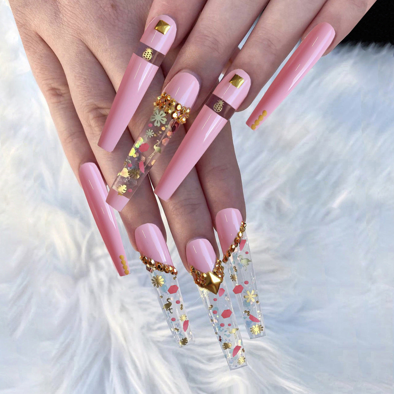 Clear Tipped Beauty Long Coffin Pink Bold Press On Nails