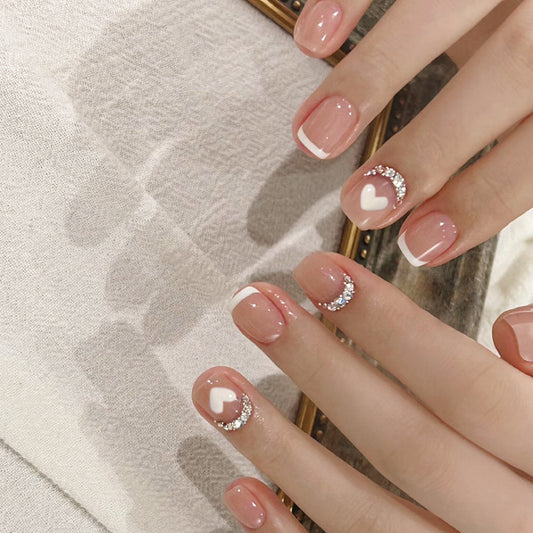 A Tiara Base Short Squoval White Studded Press On Nails