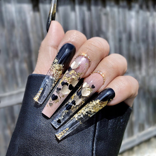 Goddess Queen Long Square Gold Glitter Press On Nails