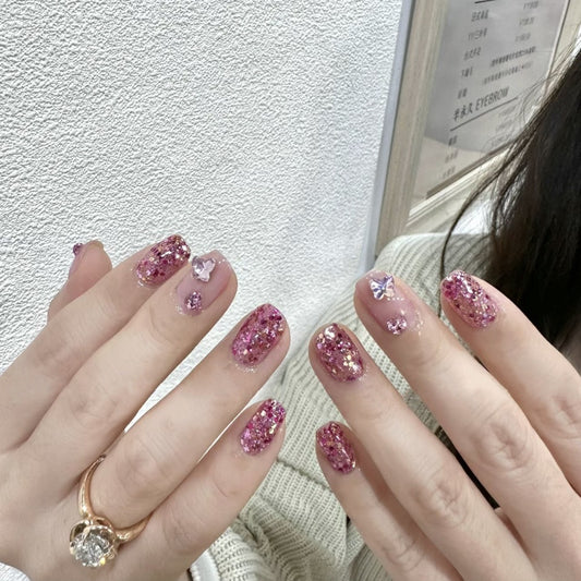 Receiving Love Medium Squoval Pink Glitter Press On Nails