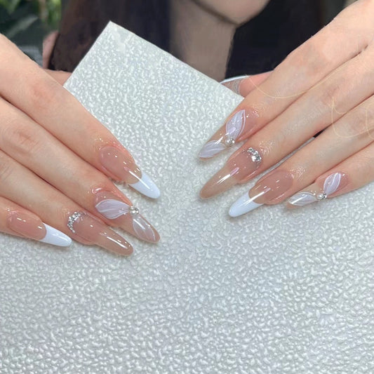 Sleek Sophistication Long Stiletto Beige to White Ombre Press-On Nail Set with Silver Glitter Detailing and Rhinestone Accents