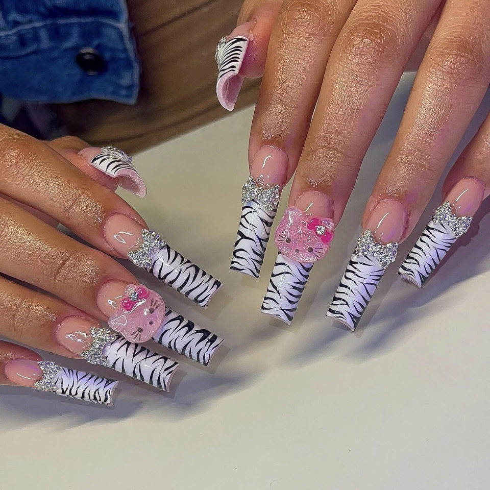 Coming Up Kitty Long Square Pink Cute Press On Nails