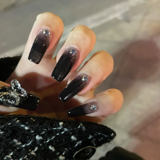 Becoming Us Long Coffin Black Glossy Press On Nails