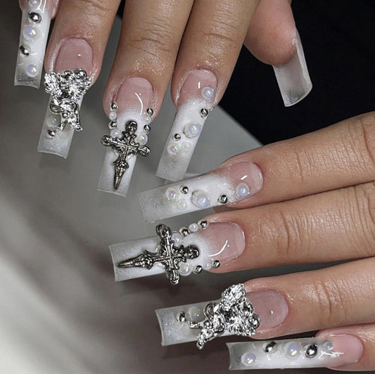 Brought Up Long Square White Studded Press On Nails