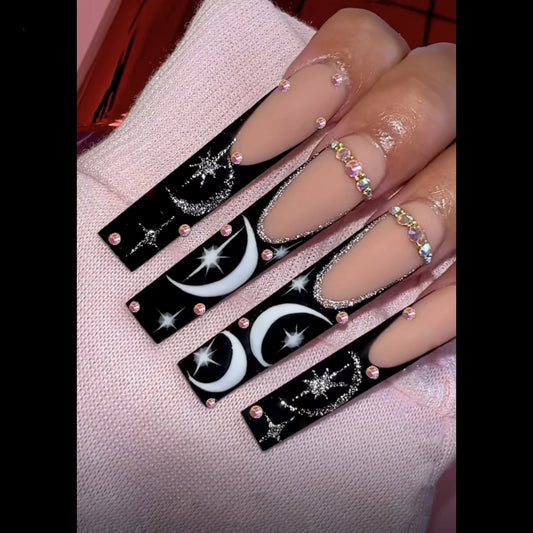 Glitter Moon Long Square Black Y2K Press On Nails