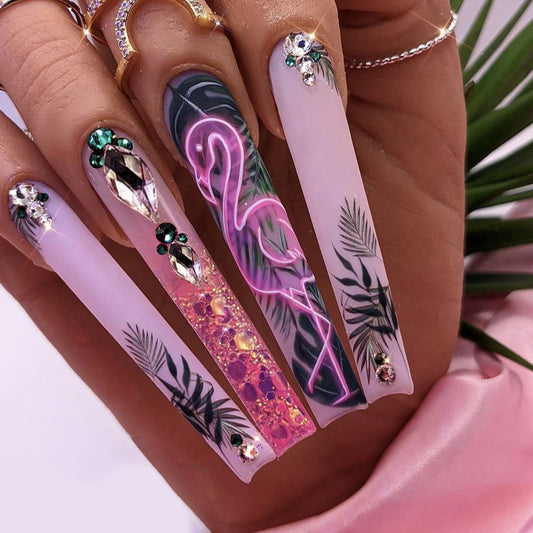 Flamingo Lounge Long Square Pink Vacation Press On Nails