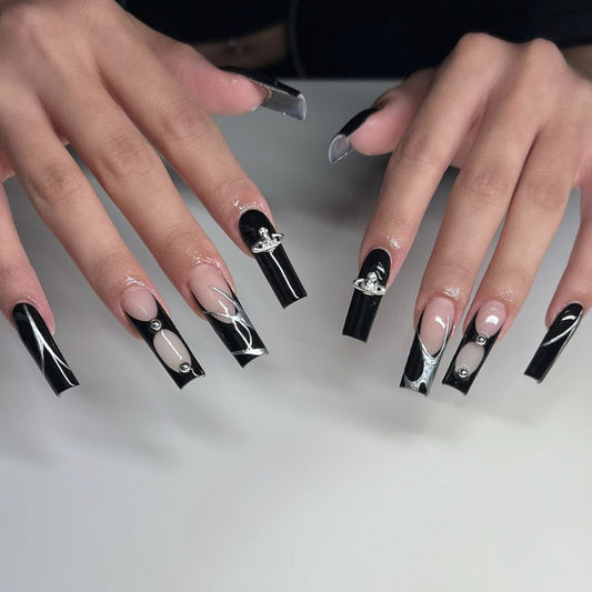 Edgy Saturn Long Square Black Y2K Press On Nails