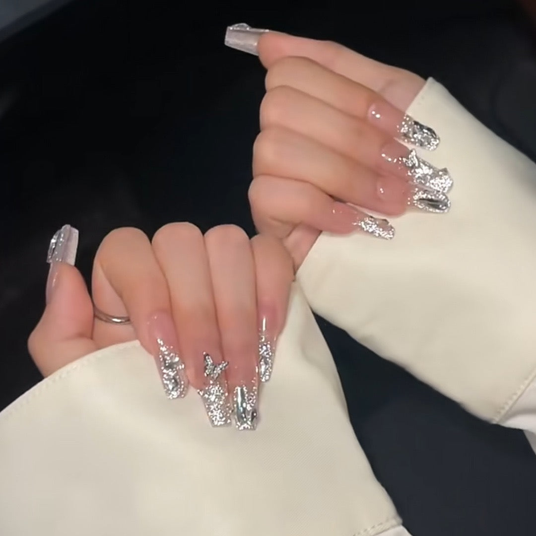 Expensive Beauty Long Coffin Silver Glam Press On Nails