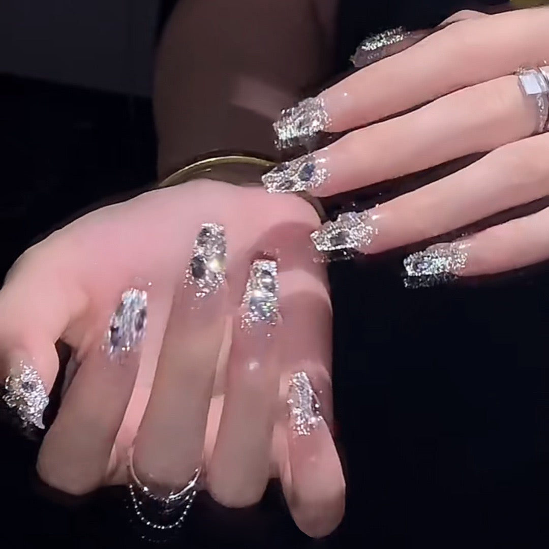 Diamond Princess Long Coffin Silver Glam Press On Nails