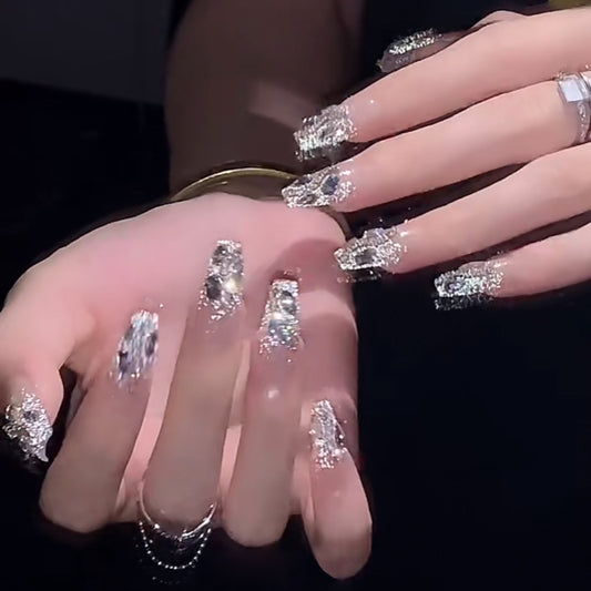 Diamond Princess Long Coffin Silver Glam Press On Nails