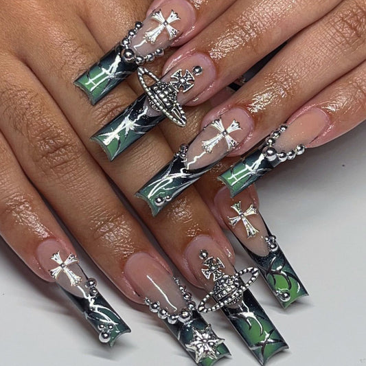 Outer Space Long Square Green Y2K Press On Nails