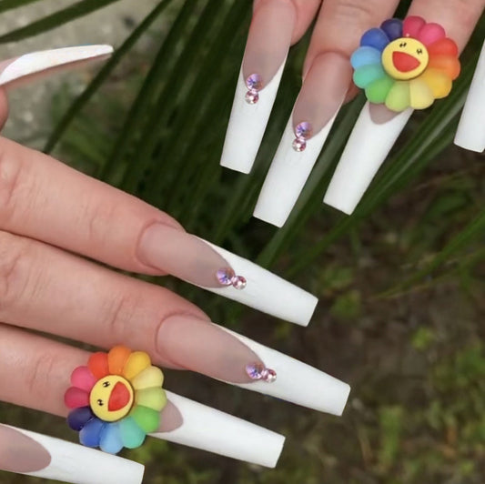 Murakami Love Long Coffin White Cute Press On Nails